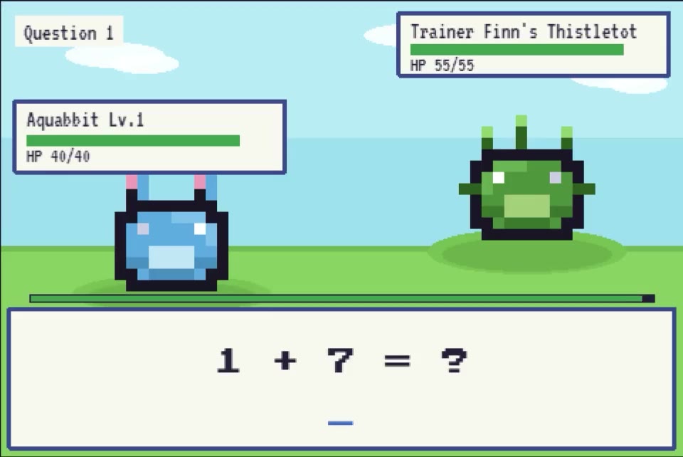 A battle screen showing the math question one plus seven, with the player creature Aquabbit facing a wild creature